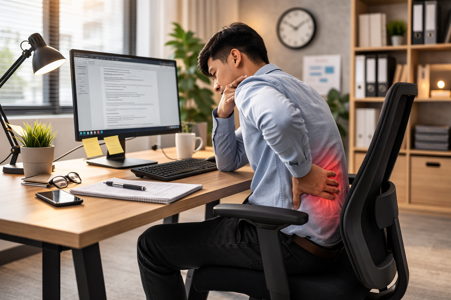 pekerja duduk terlalu lama di depan komputer dan mengalami nyeri punggung