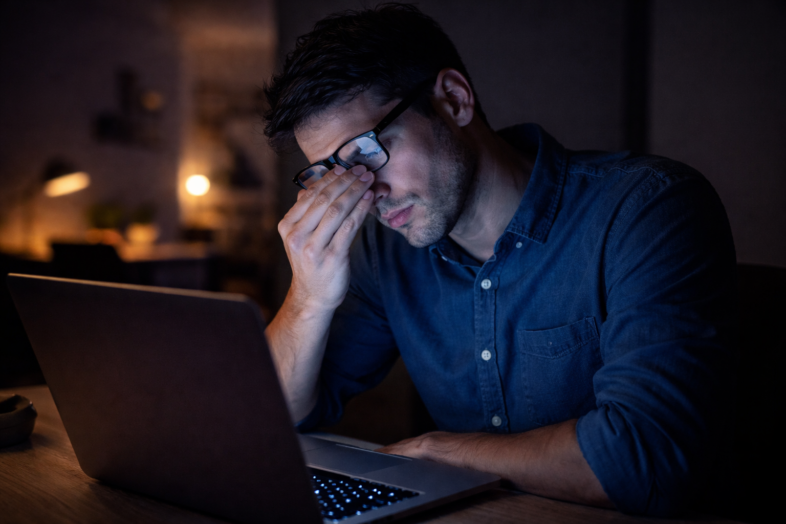 pria bekerja di depan laptop dengan cahaya layar yang menyebabkan mata lelah