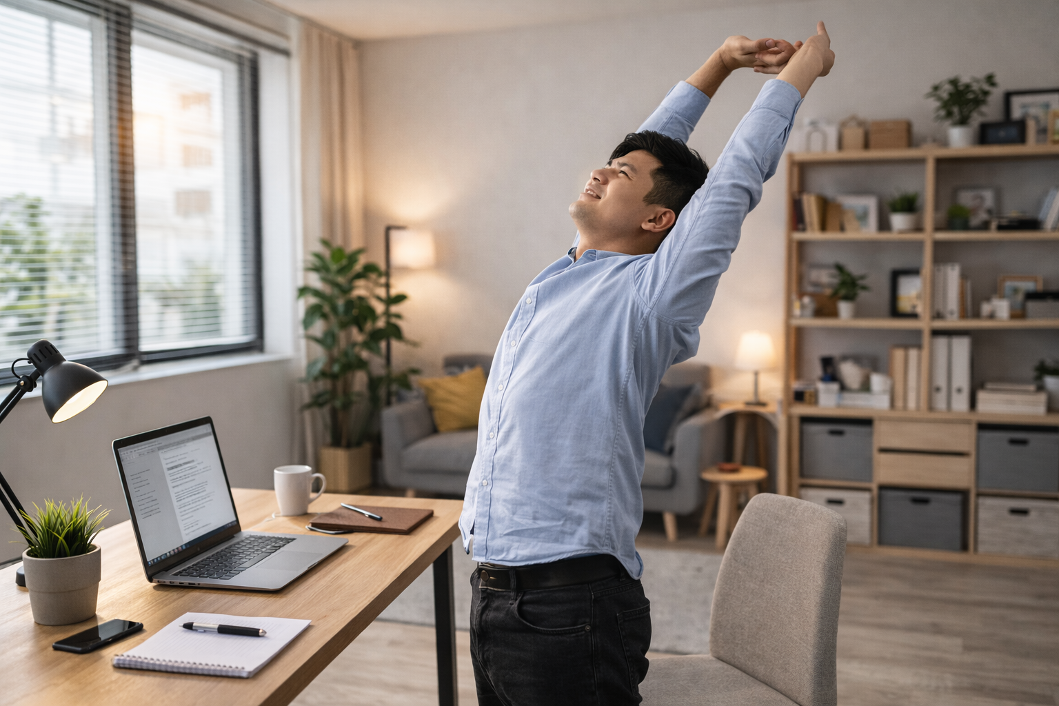 pekerja berdiri dan melakukan peregangan singkat setelah bekerja satu jam di depan komputer