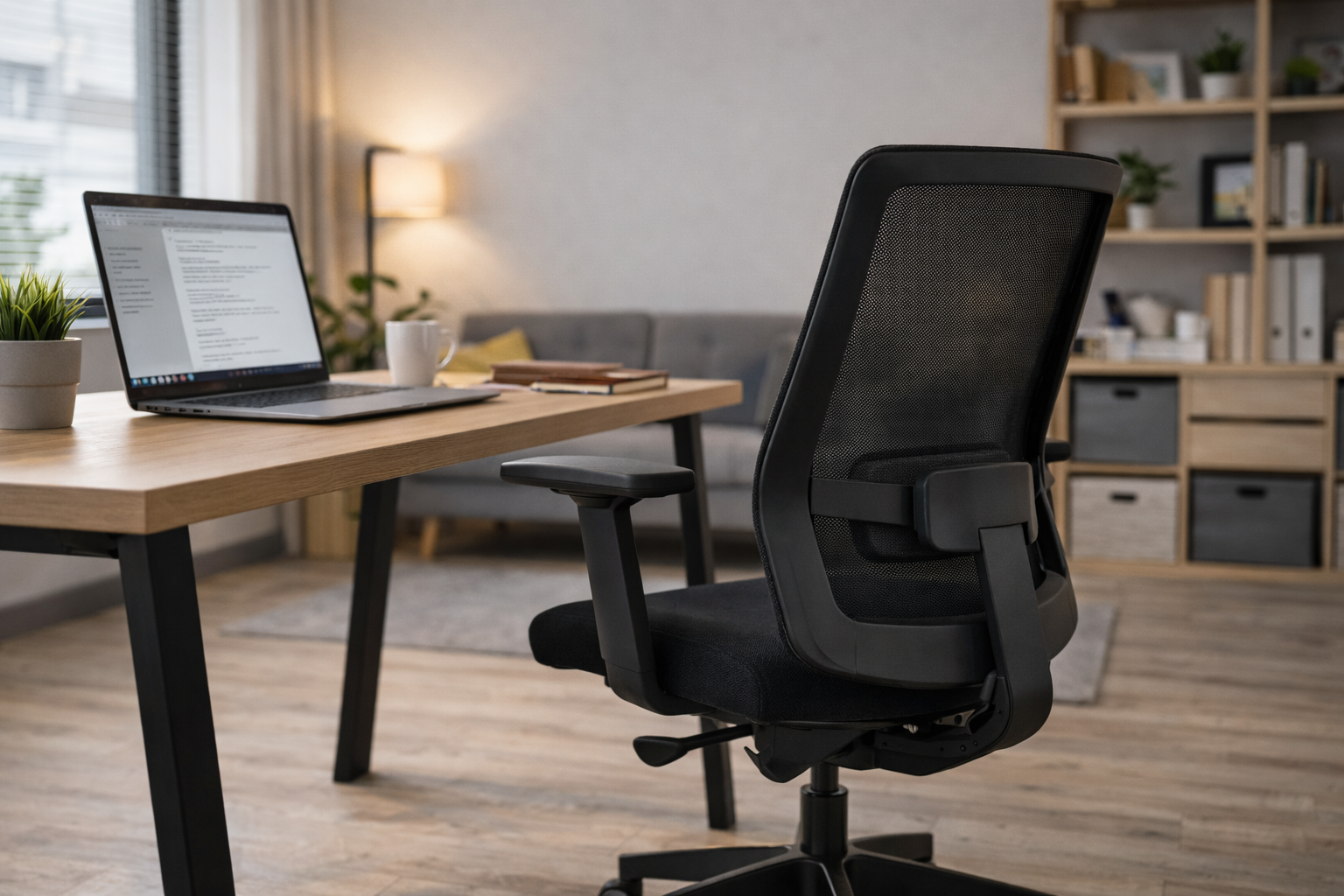 kursi kerja ergonomis dengan sandaran punggung dan lumbar support di meja kerja