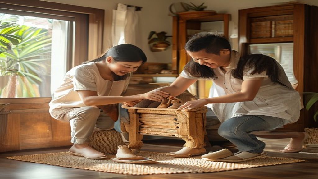 Keluarga bahagia melepas sepatu di teras rumah, menampilkan kebersihan dan kesehatan bersama.