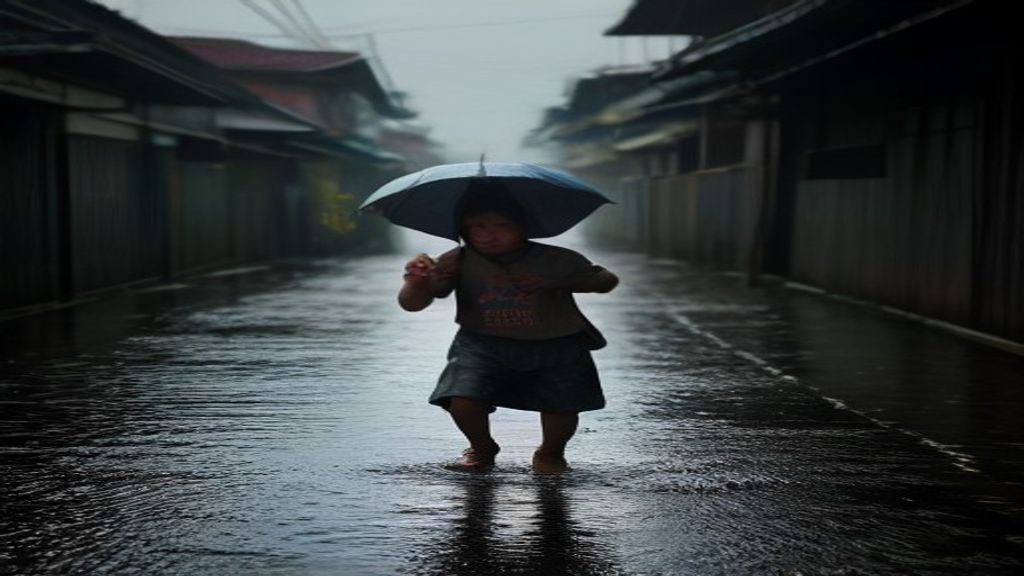 Anak kecil bermain di genangan air hujan berbahaya karena risiko tenggelam dan infeksi