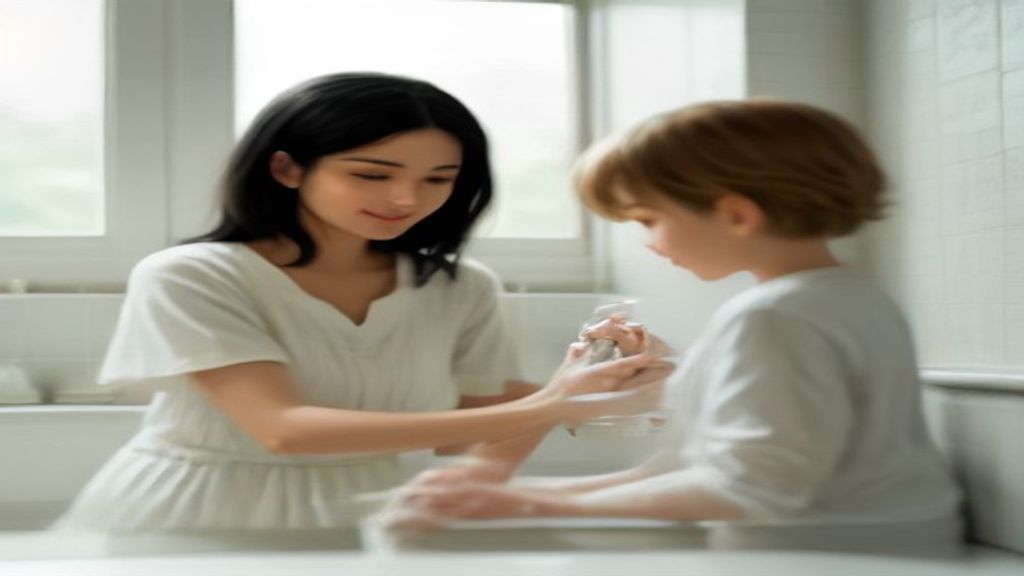 Anak kecil mencuci tangan dengan sabun di bawah air mengalir